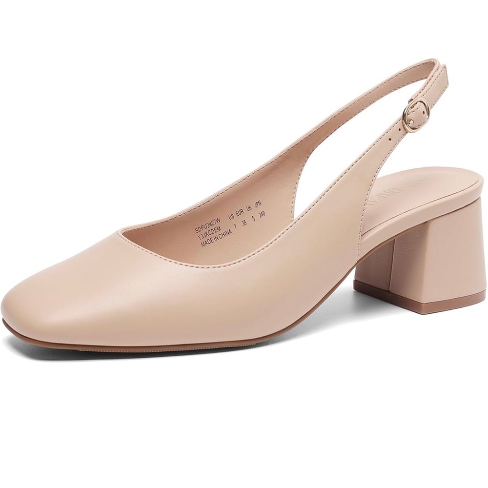 DREAM PAIRS Women's Low Chunky Heels Slingback Square Toe Cream Ballet Flats